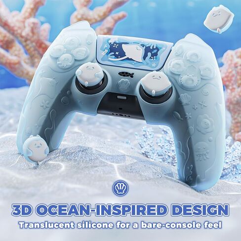 PlayVital for PS5 Controller Cover Skin - Cute Ocean Whisper Series Semi-Clear Silicone Case for PS5 Controller with Thumb Grip & Sticker, Charging Station Compatible, Full Protection - Mint Blue in Saudi Arabia