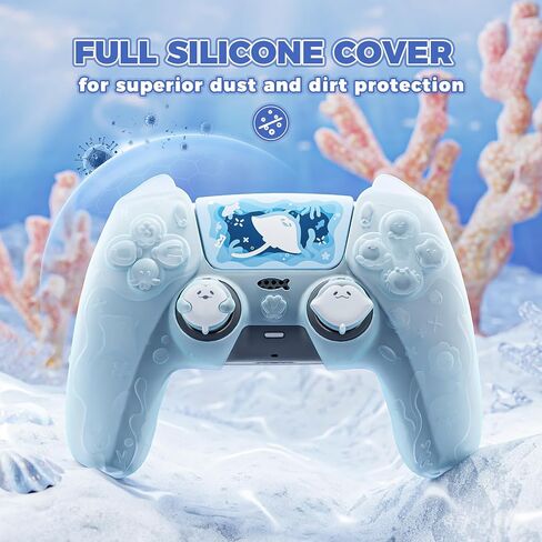 PlayVital for PS5 Controller Cover Skin - Cute Ocean Whisper Series Semi-Clear Silicone Case for PS5 Controller with Thumb Grip & Sticker, Charging Station Compatible, Full Protection - Mint Blue in Saudi Arabia