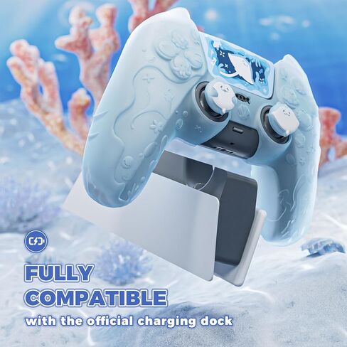 PlayVital for PS5 Controller Cover Skin - Cute Ocean Whisper Series Semi-Clear Silicone Case for PS5 Controller with Thumb Grip & Sticker, Charging Station Compatible, Full Protection - Mint Blue in Saudi Arabia