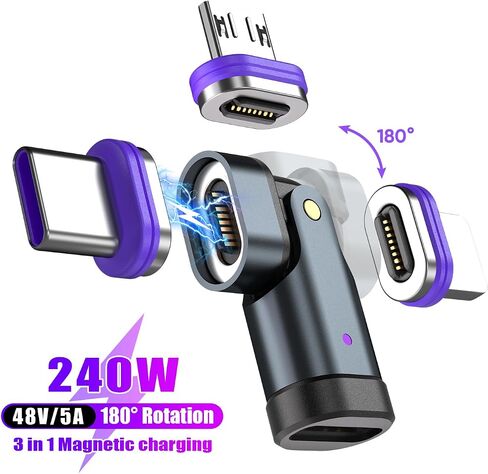 PD 240W 16PIN USB C محول مغناطيسي مايكرو USB نصائح موصل 180 درجة تدوير، جهاز شحن USB ونقل البيانات للهواتف الذكية، والكمبيوتر المحمول (USB C نصائح المغناطيسي 3 حزمة) in Kuwait