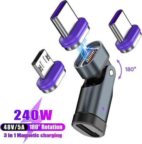 PD 240W 16PIN USB C محول مغناطيسي مايكرو USB نصائح موصل 180 درجة تدوير، جهاز شحن USB ونقل البيانات للهواتف الذكية، والكمبيوتر المحمول (USB C نصائح المغناطيسي 3 حزمة) in Kuwait