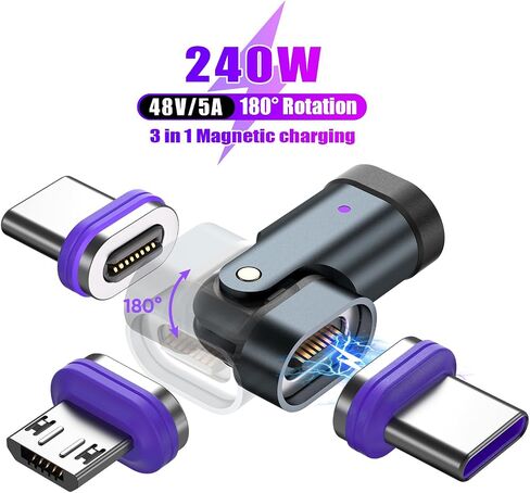 PD 240W 16PIN USB C محول مغناطيسي مايكرو USB نصائح موصل 180 درجة تدوير، جهاز شحن USB ونقل البيانات للهواتف الذكية، والكمبيوتر المحمول (USB C نصائح المغناطيسي 3 حزمة) in Kuwait