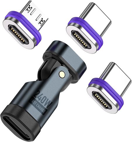 PD 240W 16PIN USB C محول مغناطيسي مايكرو USB نصائح موصل 180 درجة تدوير، جهاز شحن USB ونقل البيانات للهواتف الذكية، والكمبيوتر المحمول (USB C نصائح المغناطيسي 3 حزمة) in Kuwait