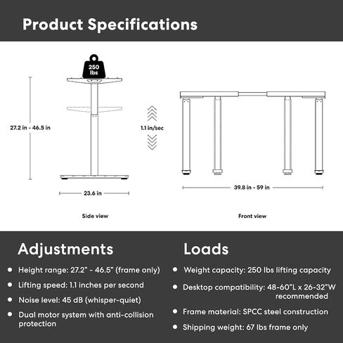Autonomous DIY Electric Standing Desk Frame - Dual Motor Sit Stand Desk Legs, Adjustable Height Desk Base, 250lbs Capacity, 27-46" Frame Only (Black) in Saudi Arabia