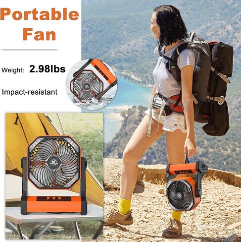 KITWLEMEN 20000mAh Battery Powered Camping Fan - 58H Max Cooling, Rechargeable Battery Operated Desk Fan with 4 Speeds, Bright Light & Hanging Hook, Portable for Tent Outdoor Hurricane Power Outage in Kuwait