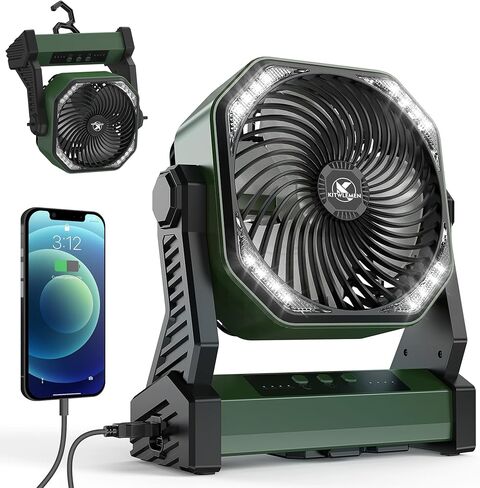 KITWLEMEN 20000mAh Battery Powered Camping Fan - 58H Max Cooling, Rechargeable Battery Operated Desk Fan with 4 Speeds, Bright Light & Hanging Hook, Portable for Tent Outdoor Hurricane Power Outage in Kuwait