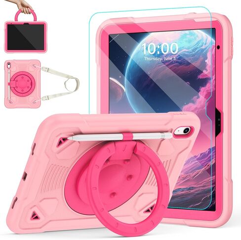 حافظة لجهاز iPad (A16) الجيل الحادي عشر 11 بوصة 2025/الجيل العاشر 10.9 بوصة 2022 مع واقي شاشة وحامل دوار 360 درجة | حزام الكتف | حامل القلم الرصاص | الغطاء الواقي | أسود + أزرق in Kuwait