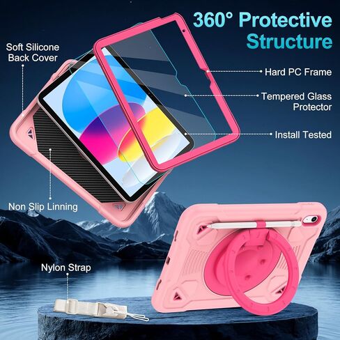 حافظة لجهاز iPad (A16) الجيل الحادي عشر 11 بوصة 2025/الجيل العاشر 10.9 بوصة 2022 مع واقي شاشة وحامل دوار 360 درجة | حزام الكتف | حامل القلم الرصاص | الغطاء الواقي | أسود + أزرق in Kuwait