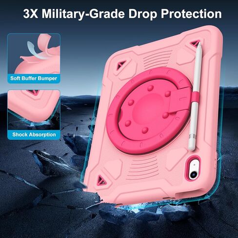 حافظة لجهاز iPad (A16) الجيل الحادي عشر 11 بوصة 2025/الجيل العاشر 10.9 بوصة 2022 مع واقي شاشة وحامل دوار 360 درجة | حزام الكتف | حامل القلم الرصاص | الغطاء الواقي | أسود + أزرق in Kuwait