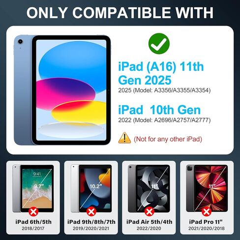 حافظة لجهاز iPad (A16) الجيل الحادي عشر 11 بوصة 2025/الجيل العاشر 10.9 بوصة 2022 مع واقي شاشة وحامل دوار 360 درجة | حزام الكتف | حامل القلم الرصاص | الغطاء الواقي | أسود + أزرق in Kuwait
