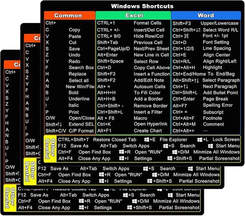 3 PCS Shortcut Sticker for Windows/Word/Excel, Reference Guide Keyboard Shortcut Sticker, Excel Shortcuts Cheat Sheet Laminated for Any Laptop or Desktop & No-Residue Vinyl-Black in Saudi Arabia