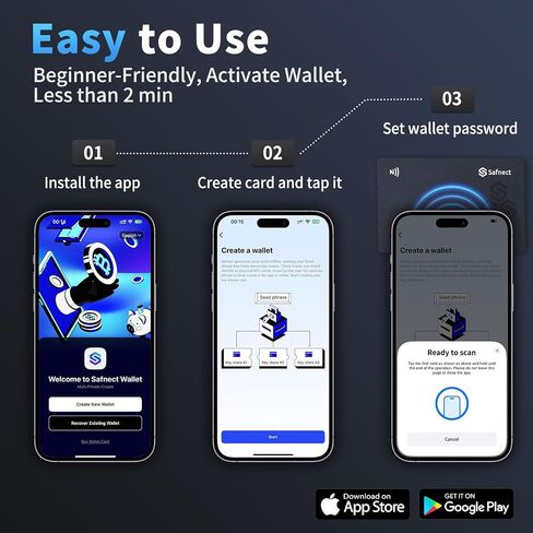 NFC Crypto Hardware Wallet – 3-Card Seedless Backup, Cold Storage for BTC Bitcoin, ETH Ethereum, Solana & 2,000+ Coins, No Recovery Phrase Needed, Ultra-Secure Offline Wallet, One-Tap Setup in Saudi Arabia