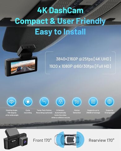 BCUOZ GS200 4K Dash Cam Front and Rear, 3.39" IPS Screen, 170° Wide Angle, 256GB Supported, Night Vision, WiFi & App Control, Car On-Dash Mounted Camera with Parking Mode in Saudi Arabia