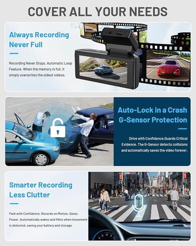 BCUOZ GS200 4K Dash Cam Front and Rear, 3.39" IPS Screen, 170° Wide Angle, 256GB Supported, Night Vision, WiFi & App Control, Car On-Dash Mounted Camera with Parking Mode in Saudi Arabia