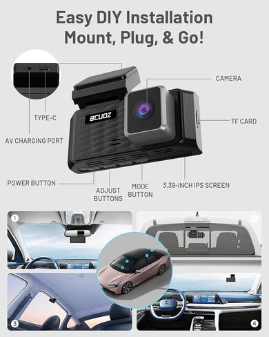 BCUOZ GS200 4K Dash Cam Front and Rear, 3.39" IPS Screen, 170° Wide Angle, 256GB Supported, Night Vision, WiFi & App Control, Car On-Dash Mounted Camera with Parking Mode in Saudi Arabia