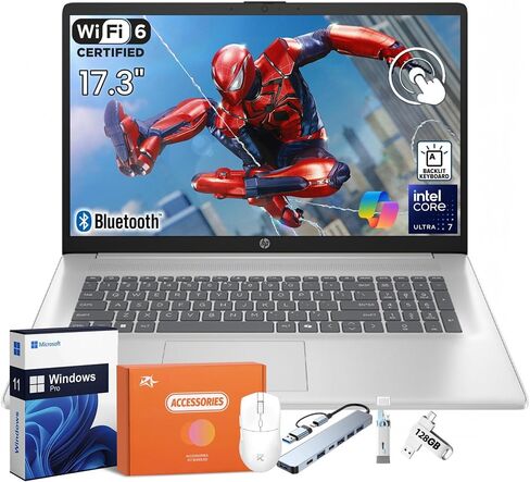 كمبيوتر محمول HP 17.3 بشاشة تعمل باللمس، Intel 12-Core Ultra 7 255U، Windows 11 Pro، Wi-Fi 6، Bluetooth 5.4، Intel AI مدمج (12 سطحًا)، كاميرا عالية الدقة، لوحة مفاتيح بإضاءة خلفية، 32 جيجابايت DDR5، 1 تيرابايت SSD، مساعد طيار، ملحقات in Kuwait