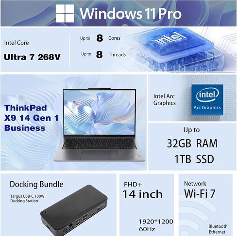 Lenovo ThinkPad X9 Copilot+ Business AI كمبيوتر محمول، 14 بوصة FHD+ OLED، Intel Core Ultra 7 268V، 32GB DDR5، 1TB SSD، 1080P IR Camera، Wi-Fi 7، بصمة الإصبع، لوحة مفاتيح بإضاءة خلفية، Windows 11 Pro، حزمة الإرساء in Saudi Arabia