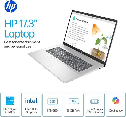 كمبيوتر محمول HP 17 بوصة للأعمال والطلاب 2025، شاشة 17.3 بوصة HD+، معالج Intel 8-Core i3، ذاكرة الوصول العشوائي 32 جيجابايت، 1 تيرابايت SSD، مفتاح Copilot AI، عمر بطارية طويل، Wi-Fi 6، Windows 11 Pro، مجموعة ملحقات in Kuwait
