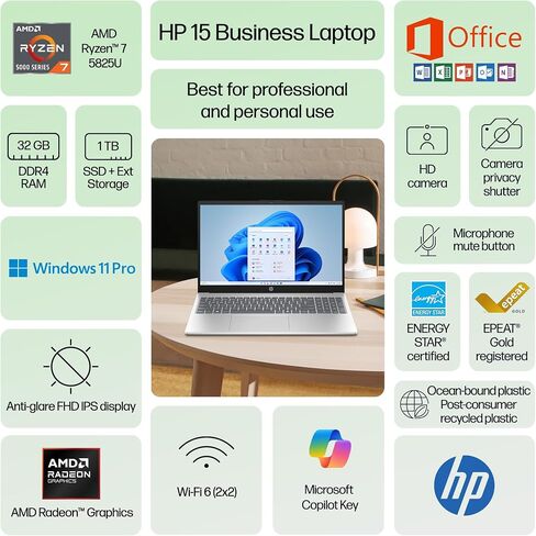 HP Pavilion Business Laptop Computer, Copilot AI, 15.6" FHD IPS Display, 8-Core AMD Ryzen 7, 16GB RAM, 1TB Storage (512GB SSD+500GB Ext), Numeric Keypad, HubxcelAccessory, Win 11 Pro, Lifetime Office in Kuwait