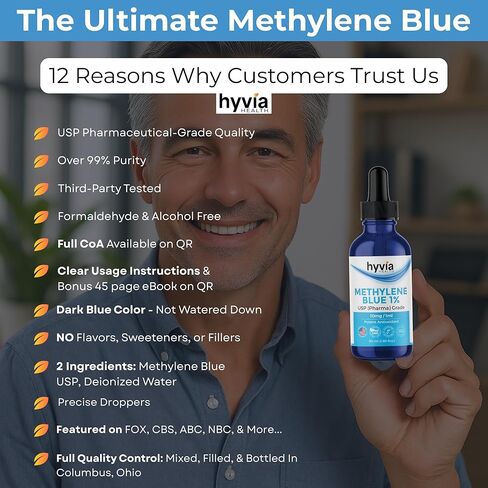Methylene Blue 1% USP Pharmaceutical Grade For Humans - 99.99% Purity - Third-Party Tested, ISO-Certified, Formaldehyde & Alcohol Free Liquid Drops - 50mL (1.69oz) with Dropper | USA Made in Kuwait