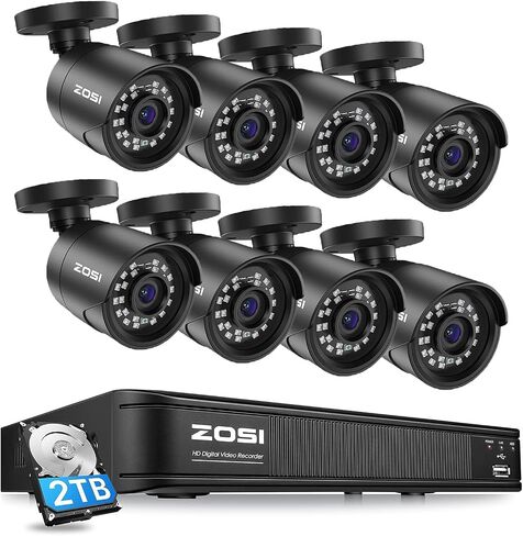 نظام كاميرا مراقبة ZOSI 1080p 8 قنوات مع تقنية الذكاء الاصطناعي للكشف عن المركبات البشرية، H.265+ DVR هجين و8 × 1080p كاميرات مراقبة خارجية داخلية مع رؤية ليلية، وصول عن بعد، محرك أقراص ثابتة سعة 2 تيرابايت in Saudi Arabia