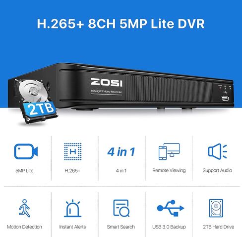 نظام كاميرا مراقبة ZOSI 1080p 8 قنوات مع تقنية الذكاء الاصطناعي للكشف عن المركبات البشرية، H.265+ DVR هجين و8 × 1080p كاميرات مراقبة خارجية داخلية مع رؤية ليلية، وصول عن بعد، محرك أقراص ثابتة سعة 2 تيرابايت in Saudi Arabia