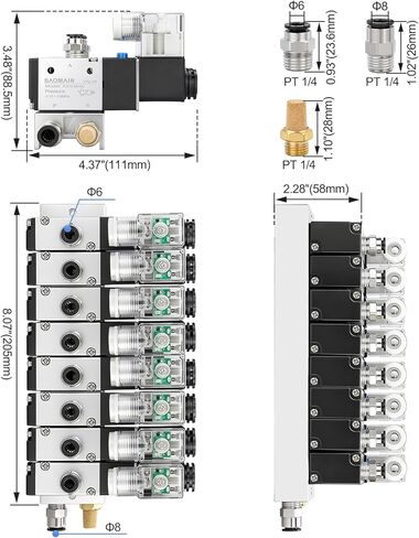 Baomain 4 صمام الملف اللولبي هوائي الفضاء 3V210-08 12VDC PT1/4 2 موقف 3 طريقة مشعب مع قاعدة كاتم الصوت مجموعة تركيبات سريعة in Kuwait