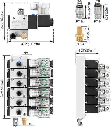 Baomain 4 صمام الملف اللولبي هوائي الفضاء 3V210-08 12VDC PT1/4 2 موقف 3 طريقة مشعب مع قاعدة كاتم الصوت مجموعة تركيبات سريعة in Kuwait