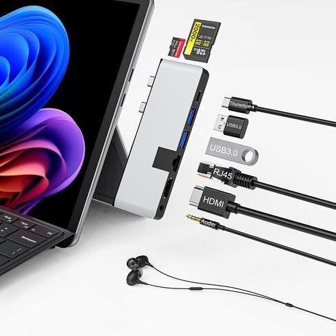 Surface Pro 12 2025 Hub USB C، محول Surface Pro 12 Hdmi مع 4K HDMI، Thunerbolt 4 (فيديو 8K + بيانات + 100 واط PD)، 2 * USB 3.0، صوت 3.5 ملم، 1 * 100 متر إيثرنت، SD/TF، ​​محور لجهاز Surface Pro 12 بوصة (2025) in Kuwait