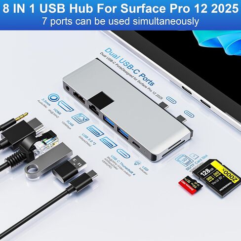 Surface Pro 12 2025 Hub USB C، محول Surface Pro 12 Hdmi مع 4K HDMI، Thunerbolt 4 (فيديو 8K + بيانات + 100 واط PD)، 2 * USB 3.0، صوت 3.5 ملم، 1 * 100 متر إيثرنت، SD/TF، ​​محور لجهاز Surface Pro 12 بوصة (2025) in Kuwait