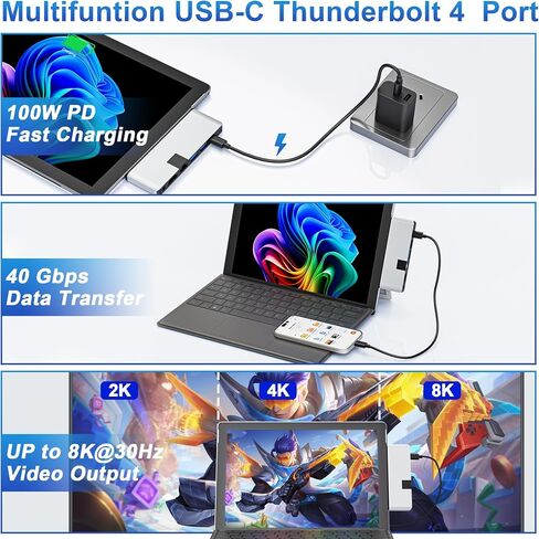 Surface Pro 12 2025 Hub USB C، محول Surface Pro 12 Hdmi مع 4K HDMI، Thunerbolt 4 (فيديو 8K + بيانات + 100 واط PD)، 2 * USB 3.0، صوت 3.5 ملم، 1 * 100 متر إيثرنت، SD/TF، ​​محور لجهاز Surface Pro 12 بوصة (2025) in Kuwait