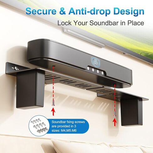 Soundbar Mount Under TV, Duty Steel Wall Mount Bracket with 2 Storage Boxes, Universal Sound Bar TV Mount Bracket Fits Most of Sound Bars Up to 88 Lbs, Sound Bar Stand Compatible with Samsung, JBL, LG in Kuwait