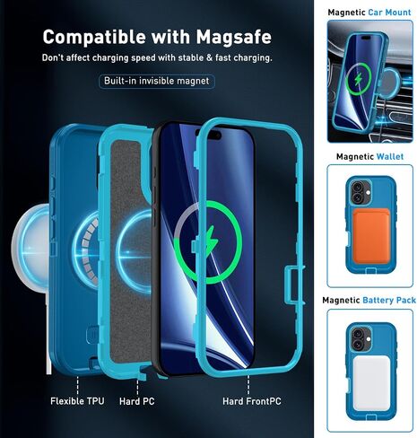حافظة مغناطيسية لهاتف iPhone 11، مع مشبك حزام، [متوافقة مع Magsafe] مع واقي شاشة من الزجاج المقسى، مضاد للسقوط، مقاوم للصدمات، حماية شديدة التحمل (أسود) in Kuwait