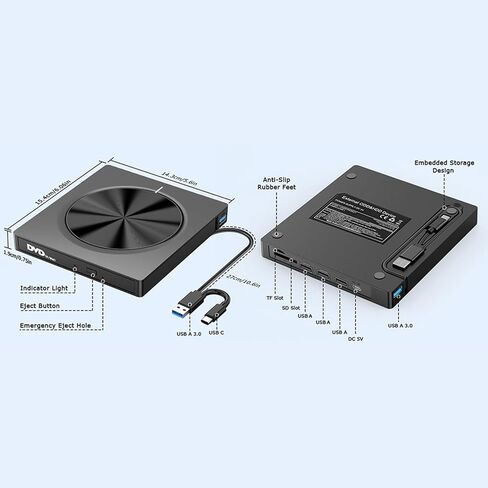 تعمل أقراص DVD الخارجية على تشغيل أجهزة حرق USB3.0 من النوع C مع 4 منافذ USB وفتحات بطاقة SDTF لأجهزة الكمبيوتر المحمول والكمبيوتر الشخصي in Kuwait