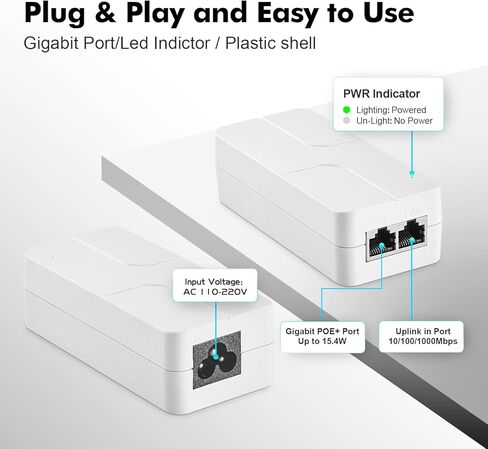 2.5 Gigabit PoE Injector 30W, Supports IEEE 802.3af/at, YuLinca White Compact Power Over Ethernet Adapter, Plug and Play, Fanless Wall Mount Design with LED Indicator in Kuwait
