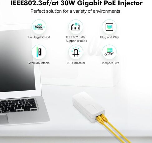 2.5 Gigabit PoE Injector 30W, Supports IEEE 802.3af/at, YuLinca White Compact Power Over Ethernet Adapter, Plug and Play, Fanless Wall Mount Design with LED Indicator in Kuwait