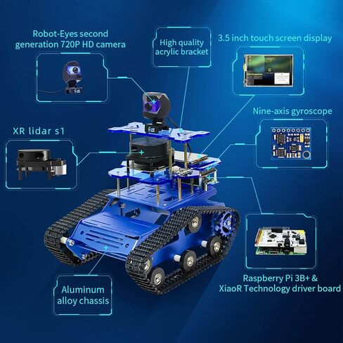 مجموعة سيارة روبوت Raspberry Pi Smart AI، سيارة خزان ROS SLAM مع ملاحة خرائط LIDAR، كاميرا عالية الدقة، مشروع برمجة شاشة تعمل باللمس 3.5 بوصة للبالغين (أسود مع Raspberry Pi) in Kuwait