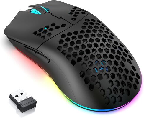 X HXSJ T66 Wireless Gaming Mouse Tri-Mode Superlight Honeycomb Design PAW3212 3600DPI Sensor 1000Hz Polling Rate Bluetooth/2.4Ghz/Wired Ergonomic PC Mice RGB Light Programmable Buttons-Black in Saudi Arabia