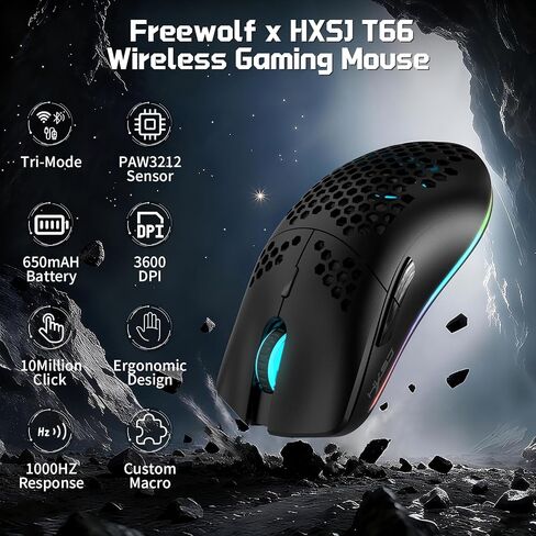 X HXSJ T66 Wireless Gaming Mouse Tri-Mode Superlight Honeycomb Design PAW3212 3600DPI Sensor 1000Hz Polling Rate Bluetooth/2.4Ghz/Wired Ergonomic PC Mice RGB Light Programmable Buttons-Black in Saudi Arabia