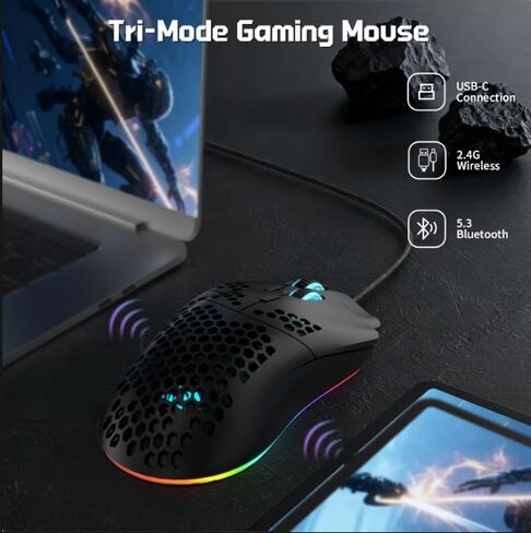 X HXSJ T66 Wireless Gaming Mouse Tri-Mode Superlight Honeycomb Design PAW3212 3600DPI Sensor 1000Hz Polling Rate Bluetooth/2.4Ghz/Wired Ergonomic PC Mice RGB Light Programmable Buttons-Black in Saudi Arabia