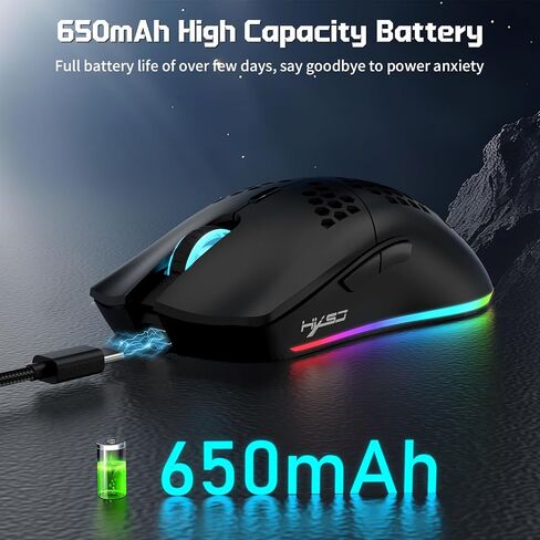 X HXSJ T66 Wireless Gaming Mouse Tri-Mode Superlight Honeycomb Design PAW3212 3600DPI Sensor 1000Hz Polling Rate Bluetooth/2.4Ghz/Wired Ergonomic PC Mice RGB Light Programmable Buttons-Black in Saudi Arabia