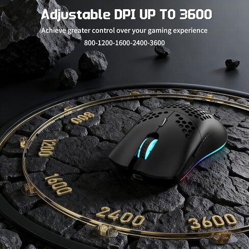 X HXSJ T66 Wireless Gaming Mouse Tri-Mode Superlight Honeycomb Design PAW3212 3600DPI Sensor 1000Hz Polling Rate Bluetooth/2.4Ghz/Wired Ergonomic PC Mice RGB Light Programmable Buttons-Black in Saudi Arabia