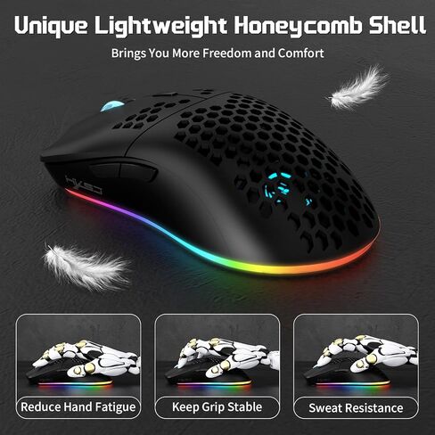 X HXSJ T66 Wireless Gaming Mouse Tri-Mode Superlight Honeycomb Design PAW3212 3600DPI Sensor 1000Hz Polling Rate Bluetooth/2.4Ghz/Wired Ergonomic PC Mice RGB Light Programmable Buttons-Black in Saudi Arabia