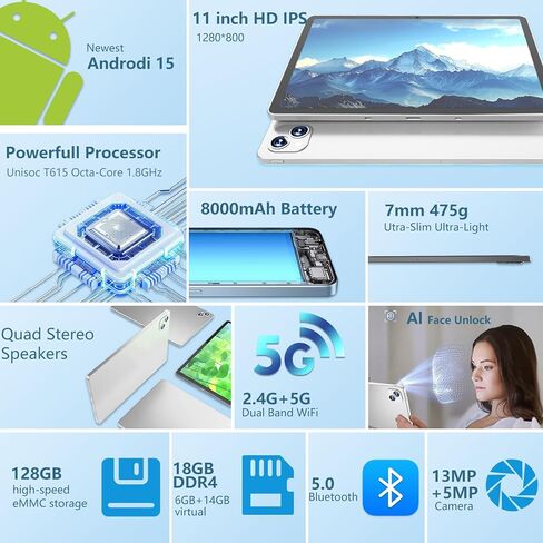 تابلت 11 بوصة يعمل بنظام Android 15 مع لوحة مفاتيح وذاكرة وصول عشوائي 20 جيجابايت وتخزين 128 جيجابايت، أحدث جهاز لوحي خلوي لعام 2025 4G LTE T-moblie Phablet، T615 ثماني النواة 8000 مللي أمبير في الساعة، كاميرا 13 ميجابكسل + 5 ميجابكسل، 5G واي فاي وبلوتوث  in Kuwait