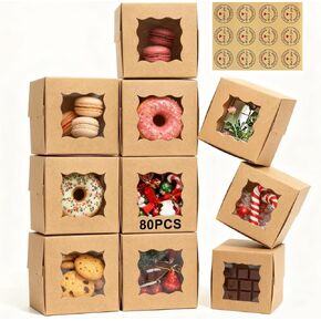 TAOUNOA 80 Pack Bakery Boxes with Window, Christmas Cookie Boxes 4x4x2.5 Inches Kraft Paper Mini Cake Boxes Holiday Cupcake Boxes for Gift Giving for Strawberries Cupcakes Pastry Dessert, Brown in Saudi Arabia