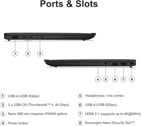 لاب توب Lenovo ThinkPad X1 Carbon Gen 13 Business AI، Intel Core Ultra 7 255U، شاشة لمس FHD+ 14 بوصة، 32 جيجا DDR5، 2 تيرابايت SSD، كاميرا IR 1080p، بصمة الإصبع، Wi-Fi 6E، Win 11 Pro، حزمة مع موزع USB-C 7 في 1 in Saudi Arabia