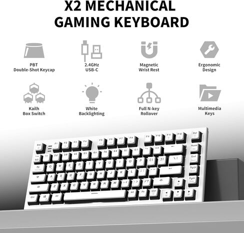 لوحة مفاتيح ألعاب ميكانيكية لاسلكية Hexgears X2 TKL مع مسند معصم مغناطيسي، لوحة مفاتيح مريحة ثنائية الوضع 2.4 جيجا هرتز/USB-C، مفاتيح خطية مسبقة التشحيم، لوحات مفاتيح ألعاب كمبيوتر بإضاءة خلفية LED بيضاء in Kuwait