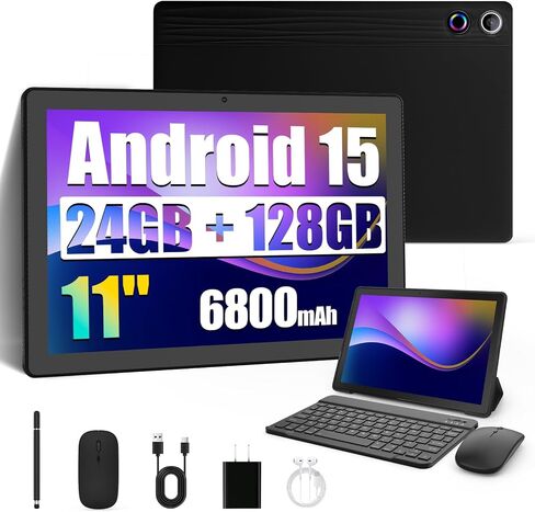 Evermyth Android 15 Tablet 11 Inch, 6800mAh, 24GB RAM+128GB ROM (TF 1TB) with Octa-Core, 1280 * 800P, Widevine L1+OMS, WiFi 6, Bluetooth 5.4, 8 in 1 Tablet with Keyboard, Mouse, Black in Kuwait