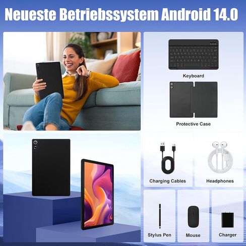 Evermyth Android 15 Tablet 11 Inch, 6800mAh, 24GB RAM+128GB ROM (TF 1TB) with Octa-Core, 1280 * 800P, Widevine L1+OMS, WiFi 6, Bluetooth 5.4, 8 in 1 Tablet with Keyboard, Mouse, Black in Kuwait