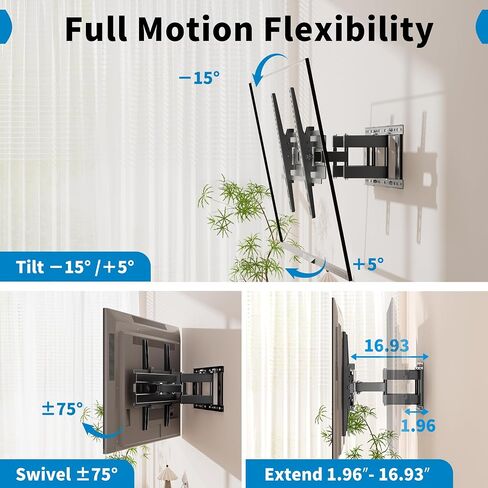 حامل حائط للتلفزيون GearFusion لمعظم أجهزة التلفاز مقاس 32 بوصة - 85 بوصة يصل وزنها إلى 132 رطلًا، حامل تلفزيون كامل الحركة مع امتداد إمالة دوار، حامل تلفزيون بأذرع مفصلية مزدوجة يناسب مسامير خشبية مقاس 12 بوصة/16 ​​بوصة بحد أقصى 600 × 400 مم in Saudi Arabia
